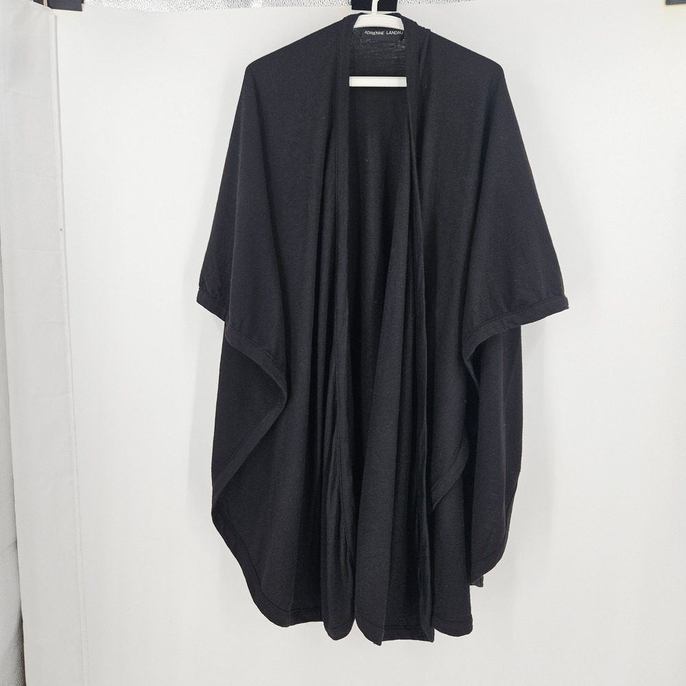 Adrienne Landau Wrap Cape Shawl Cardigan Black 100% Wool Open Front One Size